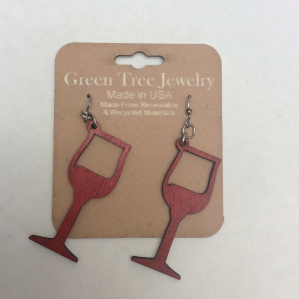 Green Tree Wooden Wine Glass Earrings